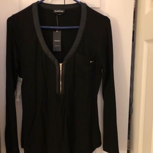 NWT L/S Bebe black top w/ fake leather trim collar
